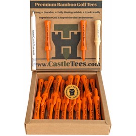 Castle Tees Orange Box – 25 pcs x 70mm 2 ¾ inch Orange Premium Bamboo Golf Tees Free Pitch Repair Tool, Ball Marker & Pencil. Twice the Strength of Regular Bamboo Very Strong. Great Golf Gift.