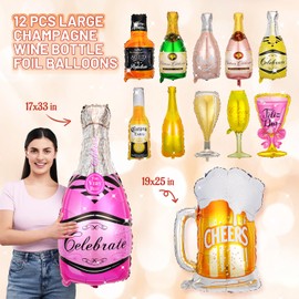 24 Pack Large Champagne and Wine Bottle Foil Balloons & Novelty Party Sunglasses Set - Party Decorations, Photo Booth Props for Birthday, Bachelorette, Wedding, Graduation, Celebration, Engagement