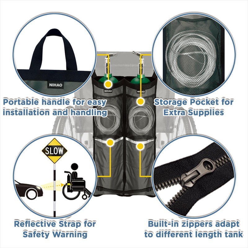 NIHAO Dual Oxygen Tank Holder for Wheelchiars, Oxygen Cylinder Bag