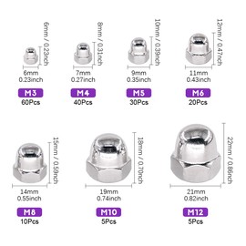 Swpeet 170Pcs 304 Stainless Steel Serrated Metric Acorn Cap Nuts Hex Dome Cap Assortment Kit, 7 Sizes - M3 M4 M5 M6 M8 M10 M12