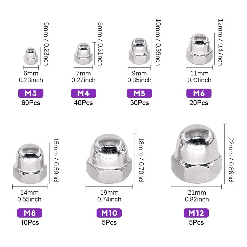 Swpeet 170Pcs 304 Stainless Steel Serrated Metric Acorn Cap Nuts