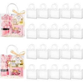 50 Pack Clear Plastic Gift Bags with Handles, Party Favor Bags with Ribbons and Tags, Reusable Goodie Bags Tote Bags for Wedding Baby Shower Valentine’s Day (4.9" x 5.9" x 2.8"):_7.9 x 7.9 x 3.2 Inches