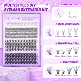 Pawotence Lash Extension Kit Lash Clusters Multi-types Individual Lashes Natural Bottom, Light Volume, 20D 30D Clusters Eyelash Extension Kit with Lash Bond and Seal, Lash Applicator for Self Use