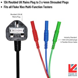 13A MAINS TEST CORD LEAD - SUITABLE FOR ALL FLUKE 1651, 1652, 1653, 1654, 1662, 1663 & 1664FC MULTIFUNCTION TESTER - RED, BLUE & GREEN