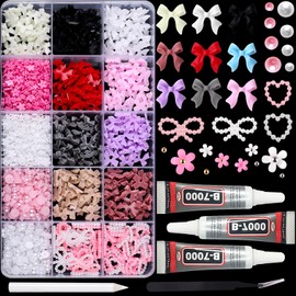 1000Pcs 3D Nail Charms for Nails Design with Colorful Nail Bow Charms Pearl Heart Star Moon Bowknot Nail Jewels 3D Flowers and Pearls with Picker Tools and 3Pcs 10ml B7000 Jewelry Glue for Nail Decor