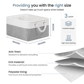 Patvingot Storage Baskets 14.1” x 10.2” x 7” for Shelves,Canvas Storage Boxes with Handles, Fabric Storage Bins for Organizing Home and Clothes, Office (Medium- 3 Pack, White/ Grey)