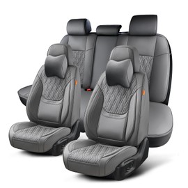 TINRAIYANG Car Seat Covers Full Set, Breathable Leather Automotive Front and Rear Seat Covers & Headrest, Universal Automotive Vehicle Seat Cover for Most Sedan SUV Pick-up Trucks, Gray