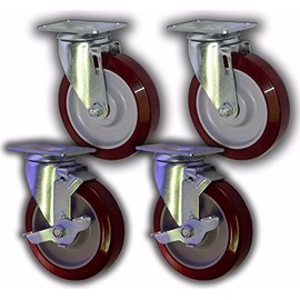 5" Swivel Plate Caster with Maroon Polyurethane Wheel 1200# (4 Pack; 2 with Top Brake)