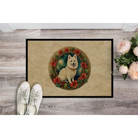 Caroline's Treasures DAC2382MAT Japanese Spitz Christmas Flowers Doormat Front Door Mat Indoor Outdoor Rugs for Entryway, Non Slip Washable Low Pile, 18H X 27W