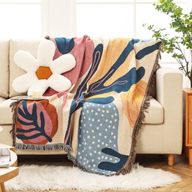 LumiSyne Double-Sided Cotton Woven Blanket Throw with Tassel Jungle Bohemian Style Tapestry Cuddly Blanket Decorative Blanket for Bed Couch Chair Camping Blanket Tablecloth Carpet 160 x 130 cm