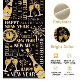 Croar Happy New Year 2025 Black Gold Table Runner, Golden Champagne Clock Fireworks Kitchen Dining Table Decoration, Christmas Winter Burlap Indoor Outdoor Home Decor Party Supply 13 x 72 Inches
