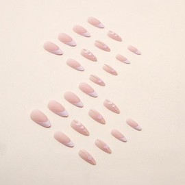 Pink French Tip Press on Nails Heart Fake Nails with Gold Line Design Love Glue on Nails Glossy Acrylic Full Cover Nude Pink Stick on Nails Medium Stiletto False Nails for Women Manicure