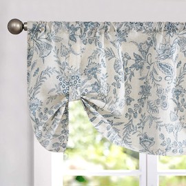 Lazzzy Blue Floral Tie Up Valance Curtain Linen Farmhouse Valance for Kitchen Living Room Bedroom Country Valances Window Treatments Small Cafe Curtian 18 Inch Rod Pocket 1 Panel, Blue on Beige