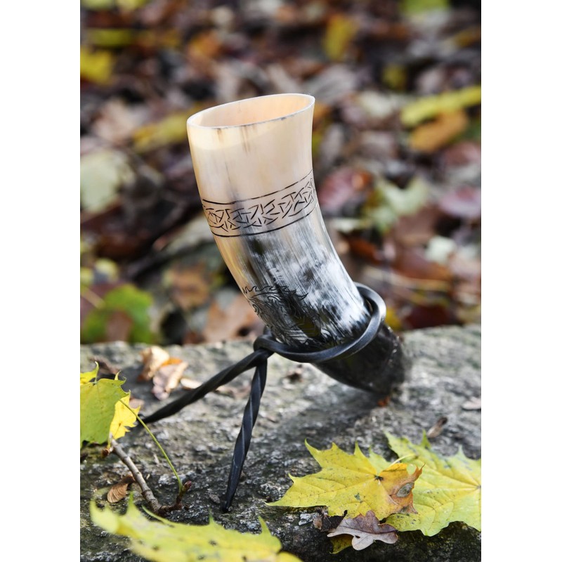 Battle-Merchant High Quality Viking Drinking Horn with Stand and Fenrir
