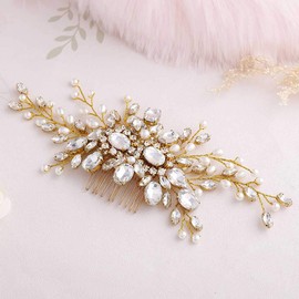 Zoestar Bride Wedding Crystal Hair Combs Slides Rhinestones Headpiece Pearl Bridal Hair Accessories for Women (Gold)