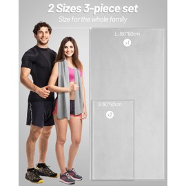 Microfibre Towel Set of 3 (180 x 60 cm Bath Towel + 2 Pieces 80 x 40 cm Small Towels), Quick-Drying Microfibre Towels for Fitness Towel Sports (Light Grey 180 x 60 + 80 x 40 x 2)