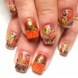 Fall Press on Nails Short Square Maple Leaf Fake Nails Fall Glitter French Tip Glue on Nails Orange Pumpkin Design Full Cover Thanksgiving False Nails Artificial Autumn Acrylic Nails for Women 24Pcs