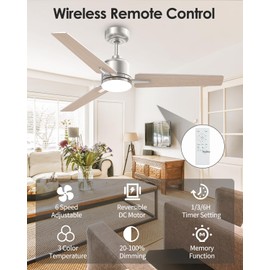 52 inch Ceiling Fans with Lights and Remote, Brushed Nickel Ceiling Fan with Light, Reversible, 3CCT, Dimmable, Noiseless, 3 Blades, Quiet DC Motor, Modern Ceiling Fan for Bedroom, Indoor and Outdoor