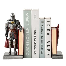 Amoysanli Medieval Armored Warrior Bookends for Shelves, Samurai Bookends for Heavy Books, Book Kends Ornament Decorations for Office Home (Iron&Red)
