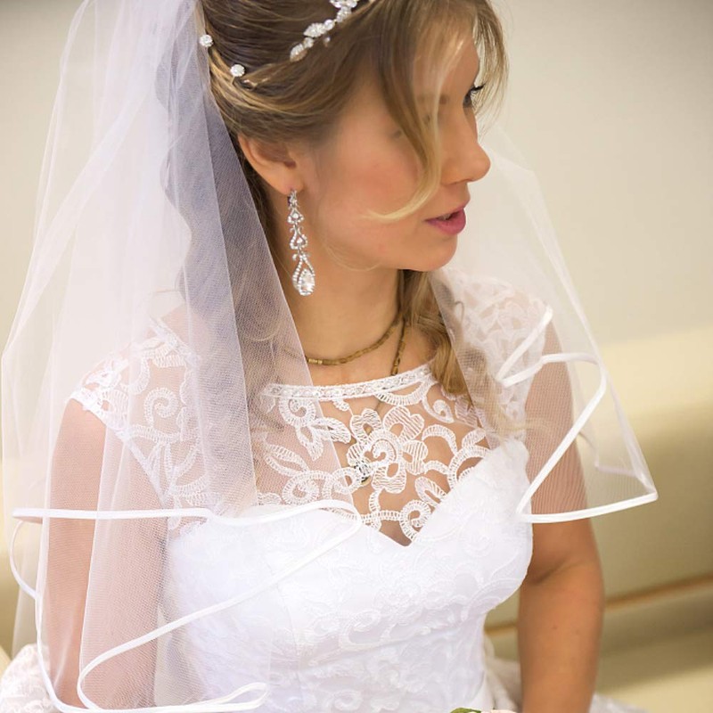 White Wedding Veil,2 Tier Ribbon Edge Center Cascade Bridal Veil