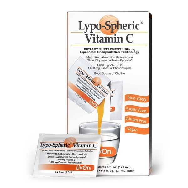 LivOn Laboratories Lypo–Spheric Vitamin C – 1 Carton (30 Packets) – 1,000 mg Vitamin C & 1,000 mg Essential Phospholipids Per Packet – Liposome Encapsulated for Improved Absorption – 100% Non–GMO