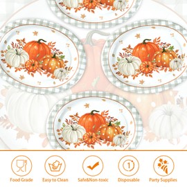Grencian 50Pcs Autumn Oval Paper Plates 10" x 12" Gray Plaid Orange Pumpkin Plate Disposable Fall Pumpkin White Plates Tableware Sets for Thanksgiving Fall Holiday Dinner Party Supplies Decoration