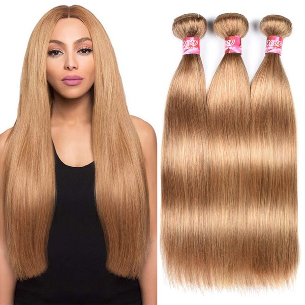 XCCOCO Honey Blonde 3 Bundles 27# Straight Hair 100% Unprocessed Peruvian Silk Virgin Rrmy Human Hair Extension Deals with Mixed Length(12 14 16inch,300g/Lot)