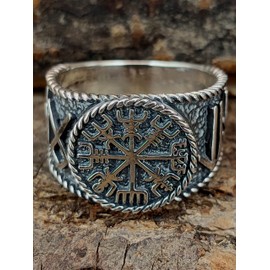 Kiss of Leather Viking Compass Vegvisir Ring 925 Sterling Silver Size 54-74, Sterling Silver