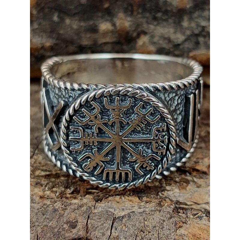 Kiss of Leather Viking Compass Vegvisir Ring 925 Sterling Silver