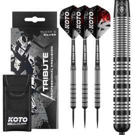 KOTO Tribute Darts 14 G, Black & Silver, Darts Set Including 3 Barrels, Flights + Shafts & Dart Wallet, Fixed Ring Grip