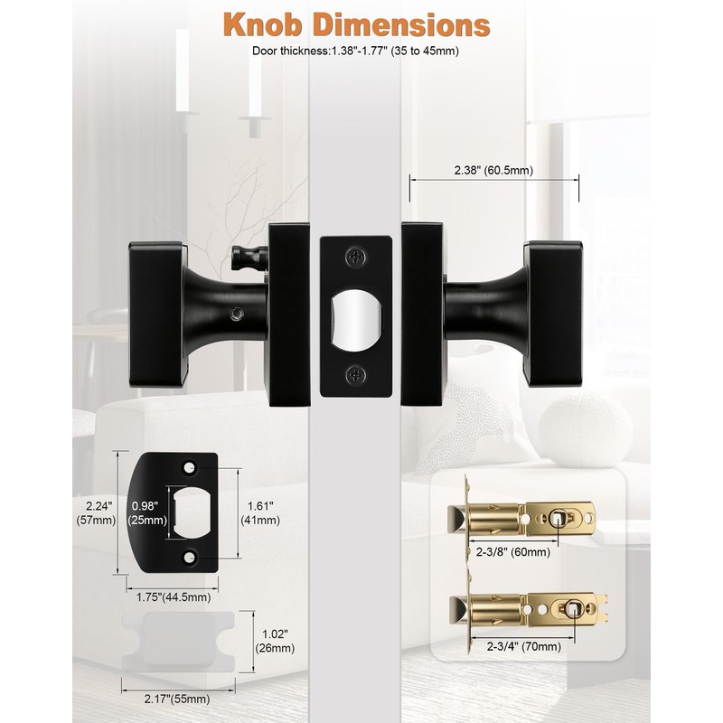 Probrico 1 Pack Black Square Door Knobs, Modern Heavy Duty