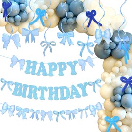 Blue Bow Happy Birthday Banner Balloons Party Decorations Coquette Bows Banner Blue Decor for Girl Baby Bridal Shower Bachelorette Party Supplies