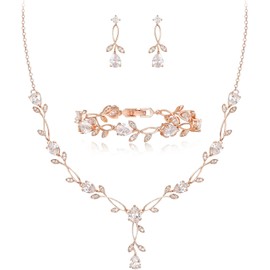 EVER FAITH Boda Juego de Joyería Para Mujer, Cristal Zirconia Cúbica Hojas Dobles de gotas de agua Collar Arete Set para Novia Regalo para cumpleaños/Día de la Madre/Navidad