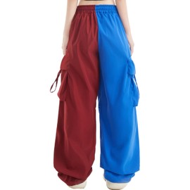 Women Cargo Pants Color Block Y2K Streetwear Baggy Drawstring Elastic Patchwor Parachute Pants Blue