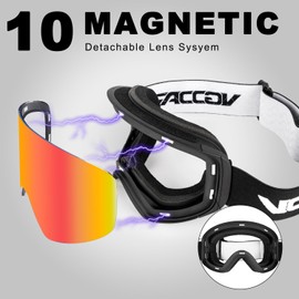 Vgooar OTG Ski Goggles with Magnetic Detachable Lens, Frameless Cylindrical Lens Ski Goggles - Anti-Fog and UV400 Protection Skiing Goggles for Men and Women(Red)