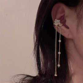 Yheakne Boho Flower Chain Ear Cuff Earrings Gold Camellia Clip On Earrings Long Tassel Chain Earrings No Piercing Cartilage Earrings Jewelry for Women and Girls