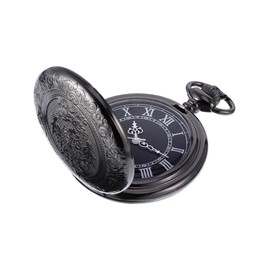 Quartz Pocket Watch for Men with Black Dial and Chain (Black)