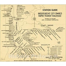 Historic Pictoric Map : New York subways 1938, Station Guide, Independent City Owned Rapid Transit Railroad, Antique Vintage Reproduction : 30in x 24in