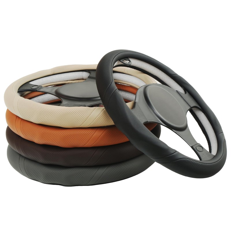 ALEMODR Brown Leather Steering Wheel Cover Universal 15 inch