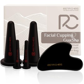 Rena Chris Facial Cupping Set & Gua Sha Facial Tool - Silicone Cupping Set & Obsidian Gua Sha Stone - Face Cupping Therapy Set for Natural Skin Care, Puffiness, Lip Plumping(Black)