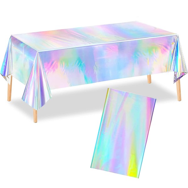 Iridescent Party Table Cloths - Rectangle Table Covers Plastic Holographic Foil Tablecloth for Birthday Bridal Wedding Christmas Party Decoration