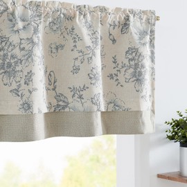 jinchan Linen Floral Valance Double Layer Kitchen Window Curtain Grey Flower on Beige Valance for Living Room Cafe Farmhouse Room Darkening Rustic Country Curtain 18 Inch Rod Pocket 1 Panel