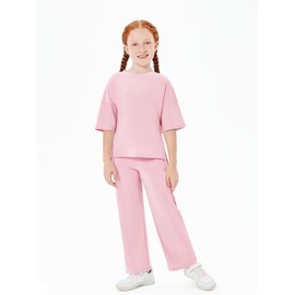 Haloumoning Girls Clothing Sets Summer Oversized T Shirts and Wide Leg Pants Kids Fashion 2 Piece Outfits 4-14 Years
