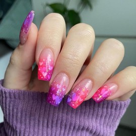 Valentine's Gradient Press on Nails Medium Ballet Nails Pink Purple Love Heart Design Charm False Nails Full Cover Stick on Nails Artificial Nails Valentine's Gift Manicure Glue on Nails for Women