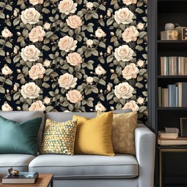 HOMETITUTE Pink Rose Wallpaper Black Backdrop Peel and Stick Contact Paper Self Adhesive Removable Counter Peel and Stick Wall Paper for Countertop Cabinet Home Wall Decor 15.7"x39.4"