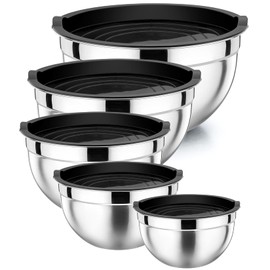 P&P CHEF Mixing Bowls with Airtight Lids Set of 5, 10-Piece Stainless Steel Mixing Nesting Bowl, Metal Bowl with Lid for Kitchen Prepping & Storing, Size 4.6, 3, 1.5, 1, 0.7 QT, Black