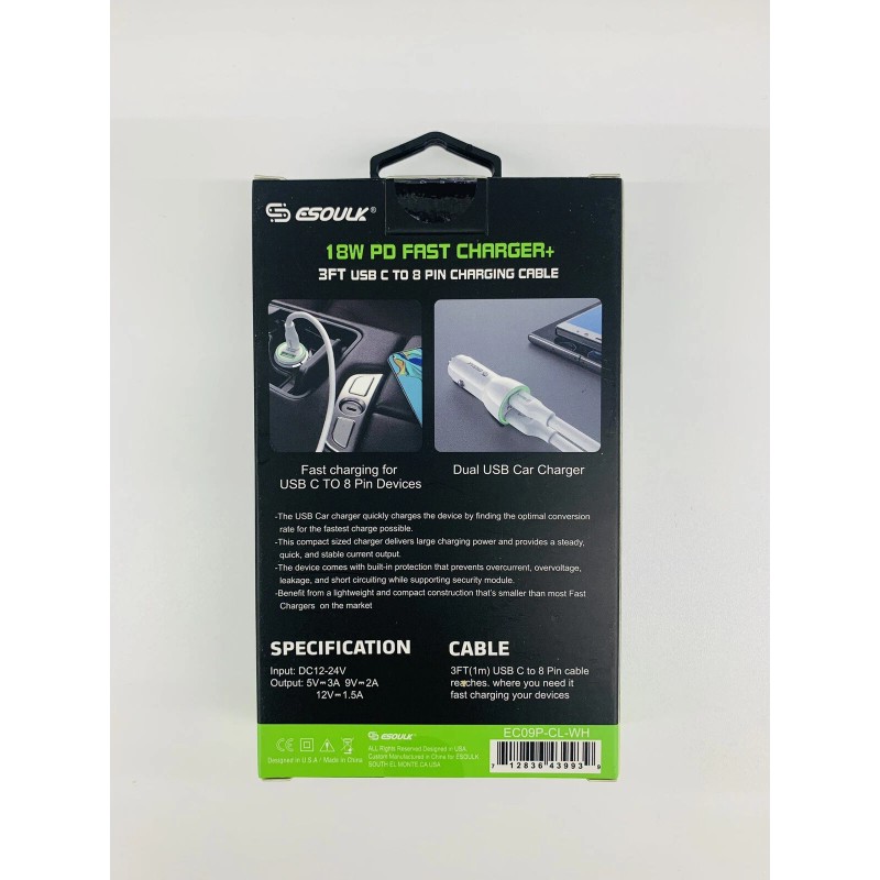 ESOULK CAR CHARGER, White, 18 Watts, Type C + USB