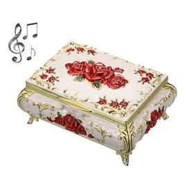 JuxYes Vintage Music Box, You are My Sunshine Music Box, Beige Metal Musical Jewelry Box Keepsake Box Small Trinket Storage Box for Birthday Christmas Valentine's Day Mother's Day, Red Rose Pattern