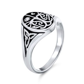 Celestial Celtic Night Day Sun Moon Family Wishing Tree Of Life Oval Signet Ring For Women Antique Style .925 Sterling Silver