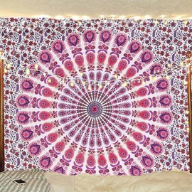 Bless International Handmade Indian hippie Bohemian Psychedelic Peacock Mandala Wall hanging College Dorm Beach Throws Table Cloth Bedding Tapestry (Pink Blue, Twin(54x72Inches)(140x185cms))